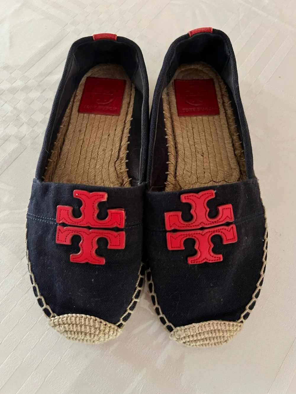 Tory Burch Weston Flat Espadrille Navy Canvas Red Logo Slip On Shoes